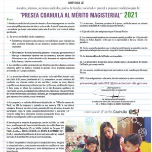 ABIERTA CONVOCATORIA PARA PRESEA COAHUILA AL MÉRITO MAGISTERIAL1