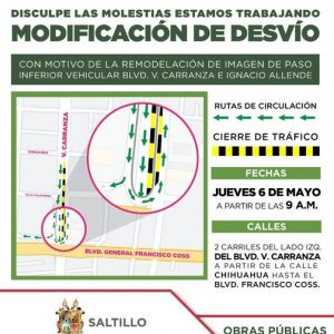 Cierre parcial de los carriles en Blvd. Venustiano Carranza