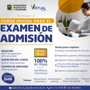 Convoca UAdeC a sus Aspirantes a Prepararse con el Curso para el Examen de Admisión en Línea